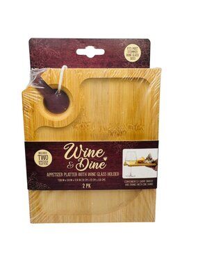 Wine & Dine Appetizer Platter With Wine Glass Holder 2 Pack Bamboo 7.09" x 5.9"